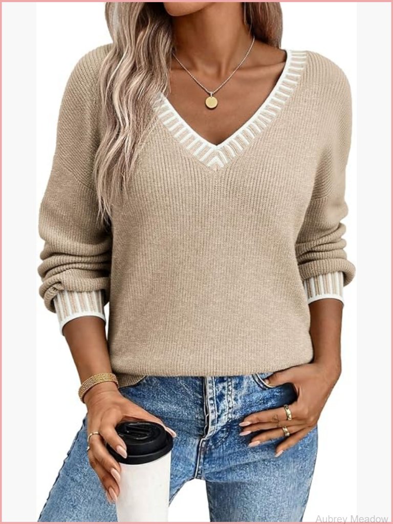 Women's V-Neck Long Sleeve Cable Knit Pullover Sweater Casual
